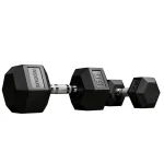 A close-up of a Dumbbell Set Rubber Hex 5-50 lbs head, highlighting the heavy-duty rubber encasement and clear weight marking