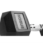 A close-up of the chrome-plated, ergonomically designed handle of the Rogue Rubber Hex Dumbbell 20LB, highlighting the knurling for grip