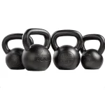A complete set of Kettlebell Set E Coat 9-70LB Rogue, showcasing their sleek black semi-gloss finish and debossed markings