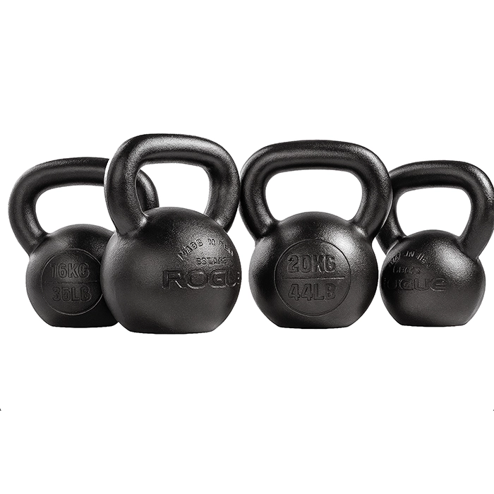 A complete set of Kettlebell Set E Coat 9-70LB Rogue, showcasing their sleek black semi-gloss finish and debossed markings