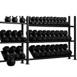 A full set of Dumbbell Set Rubber Hex 105-125 lbs, ranging from 5lbs to 50lbs, neatly organized on a rack gym