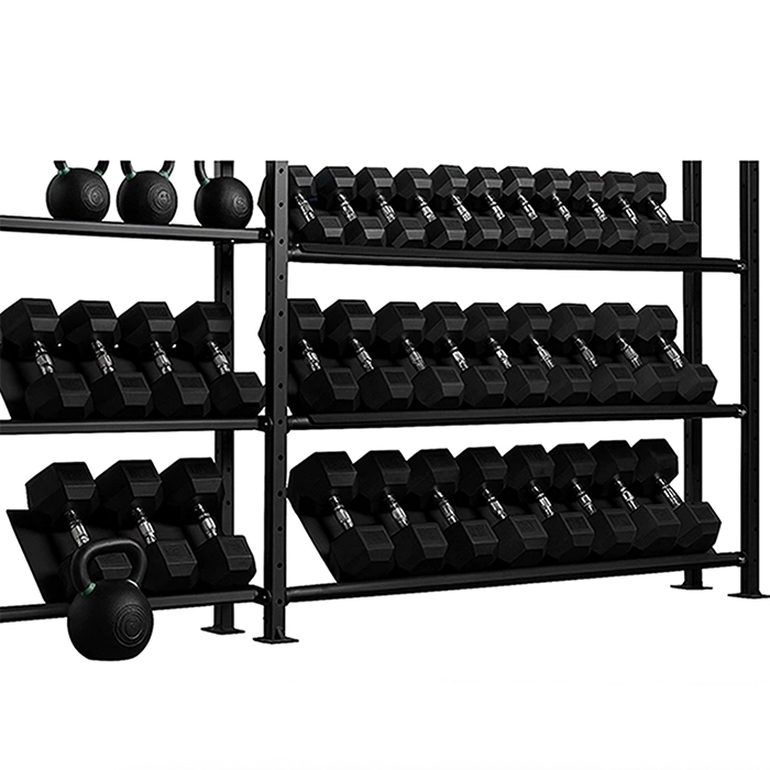 A full set of Dumbbell Set Rubber Hex 105-125 lbs, ranging from 5lbs to 50lbs, neatly organized on a rack gym
