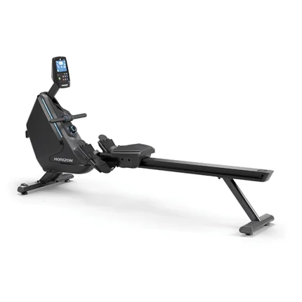A person performing a full-body rowing workout on the Rower Oxford 6 Horizon, highlighting its ergonomic design
