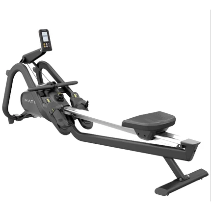 A person performing a full-body workout on the Rower Machine Matrix, highlighting its ergonomic design