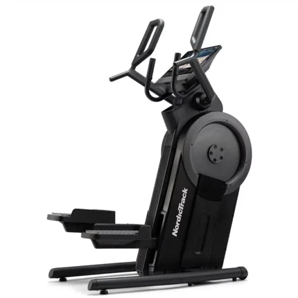 A person performing a low-impact stair-stepping workout on the NEW Step Climber XL NordicTrack, showing its 16-inch touchscreen