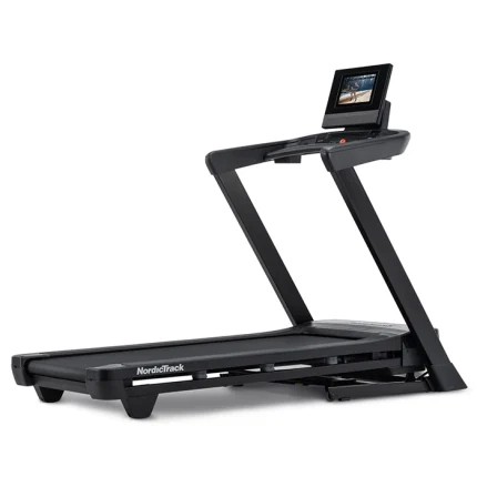 A person running on the Treadmill T Series 10 NordicTrack, showing its 10-inch touchscreen display
