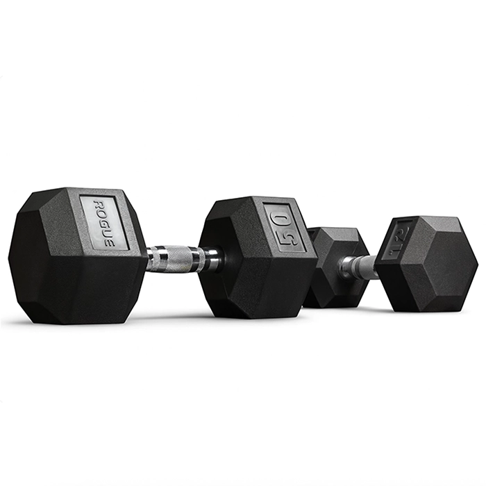 A single Rogue Rubber Hex Dumbbell 20LB, prominently displaying its 20LB weight, rubber head, and chrome handle A single Rogue Rubber Hex Dumbbell 20LB, prominently displaying its 20LB weight, rubber head, and chrome handle