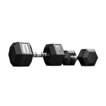 A single Rogue Rubber Hex Dumbbell 27.5LB, prominently displaying its 27.5LB weight, rubber head, and chrome handle