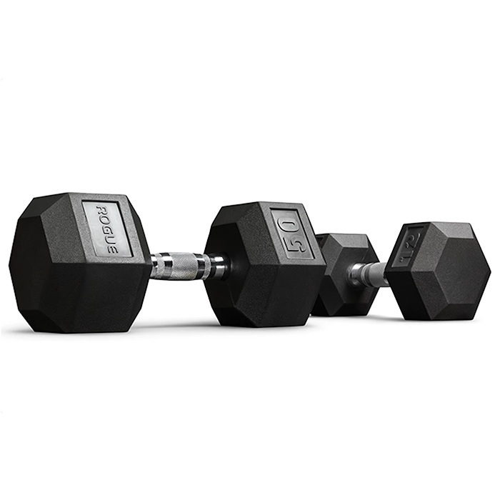 A single Rogue Rubber Hex Dumbbell 7.5LB, prominently displaying its 7.5LB weight, rubber head, and chrome handle