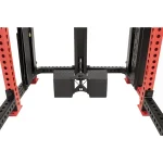 A view of the Functional Trainer FM-HR Twin Red side, emphasizing how its weight stacks are integrated to reduce overall depth, showcasing the minimal 3.5" extension behind the rack