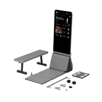 AEKE Smart Home Gym K1 B3 unfolded showing the 4K display and barbell