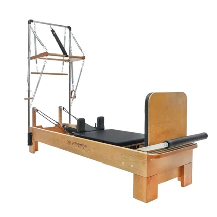 Activemine Pilates Tower Reformer Machine with solid hornbeam wood frame and chromium tower