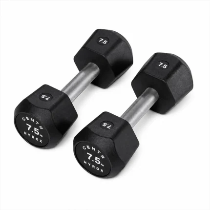 Centr x HYROX Commercial Dumbbells Pair of Centr x HYROX 7.5kg commercial urethane dumbbells on a gym floor