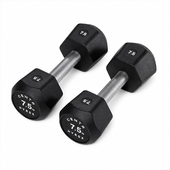 Centr x HYROX Commercial Dumbbells Pair of Centr x HYROX 7.5kg commercial urethane dumbbells on a gym floor Centr x HYROX Commercial Dumbbells Pair of Centr x HYROX 7.5kg commercial urethane dumbbells on a gym floor