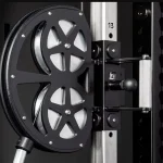 Close-up of the Functional Trainer CT-1 Cable Tower single-handle pulley assembly, highlighting the knurled stainless steel adjustment handle and 180-degree swivel