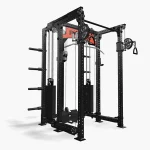 Close-up of the Functional Trainer FM-6 Twin Blue pulley system, highlighting the seamless transitions and single weight adjustment