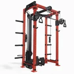 Close-up of the Functional Trainer FM-HR Blue patent-pending pulley system, highlighting the single weight source and the 2:1/1:1 ratio capabilities