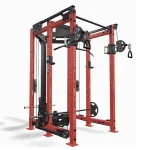 Close-up of the Functional Trainer FML-6 Blue patent-pending pulley system, highlighting the single weight source and the 2:1/1:1 ratio capabilities