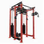 Close-up of the Functional Trainer FML-6 Twin Blue patent-pending pulley system, highlighting the dual weight stacks and the 2:1/1:1 ratio capabilities