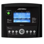 Close-up of the Go Console's blue LCD screen on the RS1 Lifecycle Exercise Go Console, displaying workout feedback