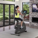 Close-up of the Track Connect 2.0 console on the Bike C1 Lifecycle Track Connect 2.0, displaying workout data and connectivity options