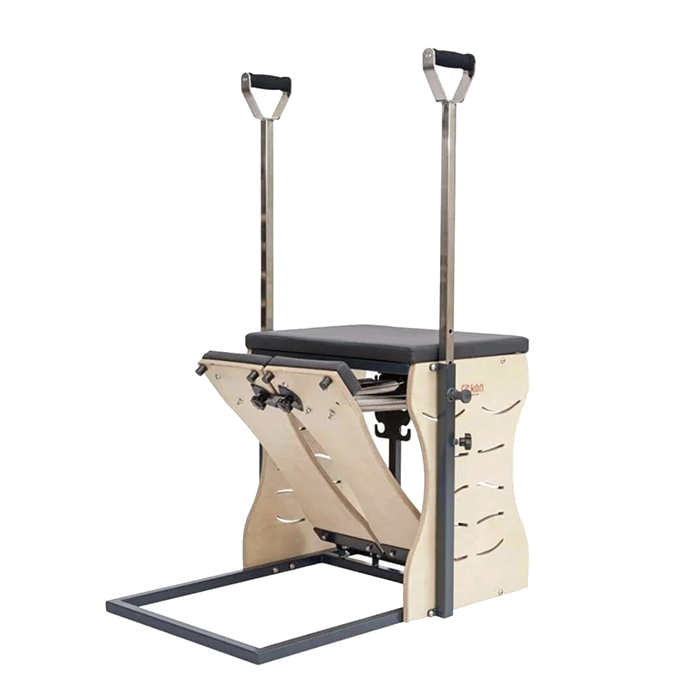 Fitkon Pilates Wunda Chair featuring premium wood frame and black padded seat Fitkon Pilates Wunda Chair featuring premium wood frame and black padded seat