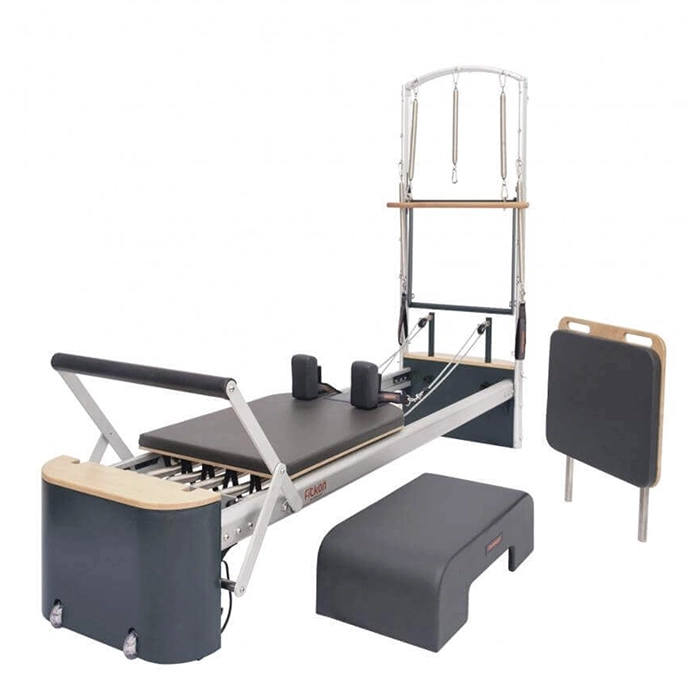 Fitkon Pro Plus Reformer with Tower with Tower featuring premium wood base and stainless steel tower Fitkon Pro Plus Reformer with Tower with Tower featuring premium wood base and stainless steel tower
