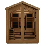 Front exterior view of the Loviisa 3 Person Outdoor Hybrid Sauna in a backyard setting