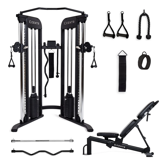 Front view of the Centr 2 Fully Loaded Bundle featuring the functional trainer and adjustable bench Front view of the Centr 2 Fully Loaded Bundle featuring the functional trainer and adjustable bench
