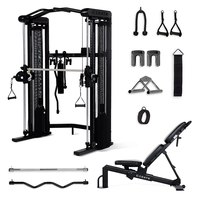 Front view of the Centr 3 Fully Loaded Bundle featuring the functional trainer, Smith bar, and adjustable bench Front view of the Centr 3 Fully Loaded Bundle featuring the functional trainer, Smith bar, and adjustable bench