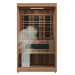 Front view of the Finnmark FD 4 Trinity 2 Person Hybrid Sauna showing its clean glass door and wood finish