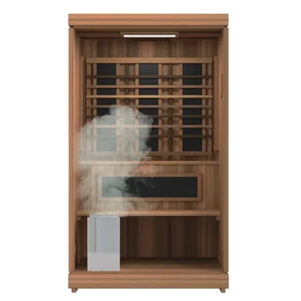 Front view of the Finnmark FD 4 Trinity 2 Person Hybrid Sauna showing its clean glass door and wood finish