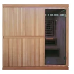 Front view of the Finnmark FD 5 Trinity XL Hybrid Sauna showcasing its 8mm tempered glass door and aspen exterior sauna