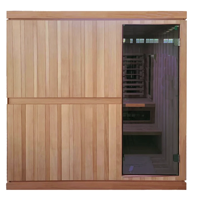 Front view of the Finnmark FD 5 Trinity XL Hybrid Sauna showcasing its 8mm tempered glass door and aspen exterior sauna Front view of the Finnmark FD 5 Trinity XL Hybrid Sauna showcasing its 8mm tempered glass door and aspen exterior sauna
