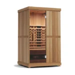 Front view of the Finnmark FD2 Full Spectrum Sauna Infrared Sauna showcasing its glass door and exterior