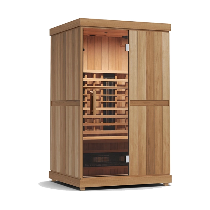 Front view of the Finnmark FD2 Full Spectrum Sauna Infrared Sauna showcasing its glass door and exterior Front view of the Finnmark FD2 Full Spectrum Sauna Infrared Sauna showcasing its glass door and exterior
