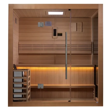 Front view of the Forssa 3 Person Traditional Sauna red cedar sauna in an indoor space