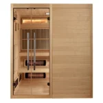 Front view of the Golden Designs Toledo 6 Person Hybrid Sauna showcasing its clear tempered glass front and wood finish