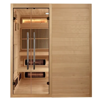 Front view of the Golden Designs Toledo 6 Person Hybrid Sauna showcasing its clear tempered glass front and wood finish