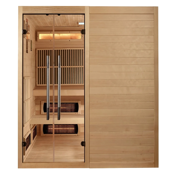 Front view of the Golden Designs Toledo 6 Person Hybrid Sauna showcasing its clear tempered glass front and wood finish Front view of the Golden Designs Toledo 6 Person Hybrid Sauna showcasing its clear tempered glass front and wood finish