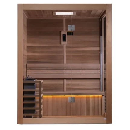 Front view of the Hanko 2 Person Traditional Sauna in a modern indoor wellness space Golden Designs