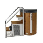 Front view of the Icetubs Ice Barrel Cold Plunge tub with Thermowood styling in an outdoor setting