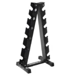 Front view of the Inspire Fitness Vertical Dumbbell Rack loaded with multiple pairs of dumbbells