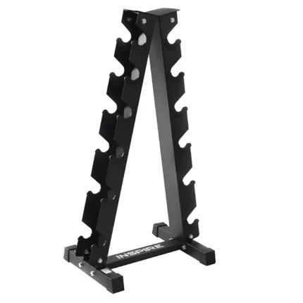 Front view of the Inspire Fitness Vertical Dumbbell Rack loaded with multiple pairs of dumbbells