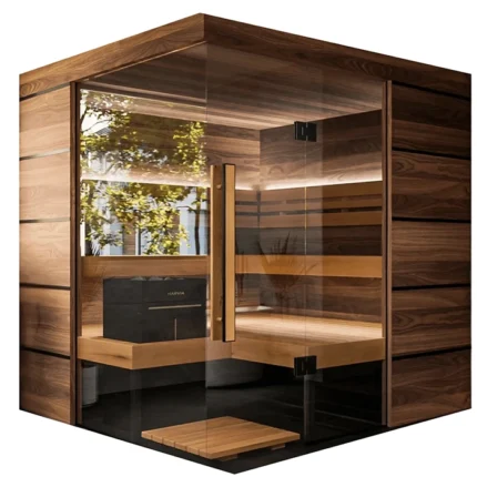 Front view of the Lumaria 5 Person Traditional Sauna with glass panels in a modern home spa