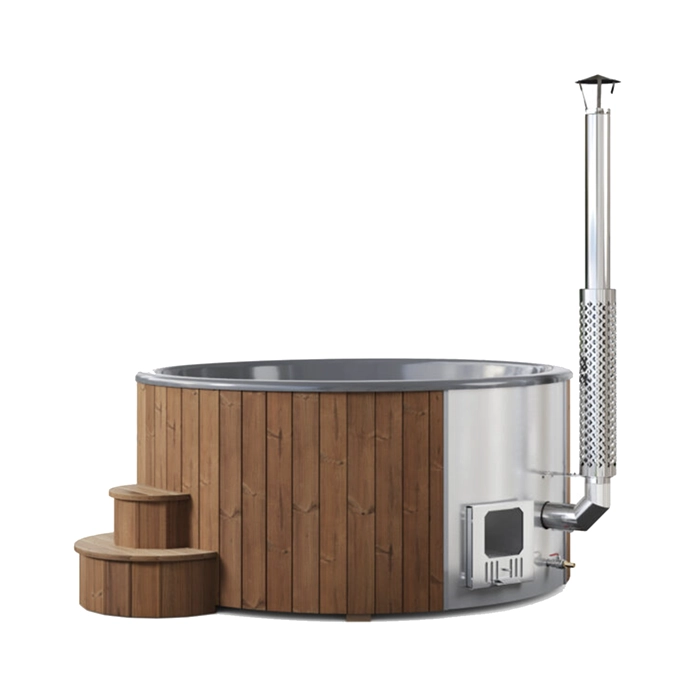 Front view of the Natural Wood Burning Outdoor Hot Tub with natural thermo-spruce exterior in a backyard setting Front view of the Natural Wood Burning Outdoor Hot Tub with natural thermo-spruce exterior in a backyard setting