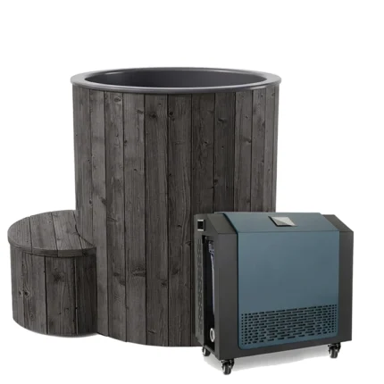 Front view of the SaunaLife S1BC Hot and Cold Immersion Tub in a modern outdoor setting