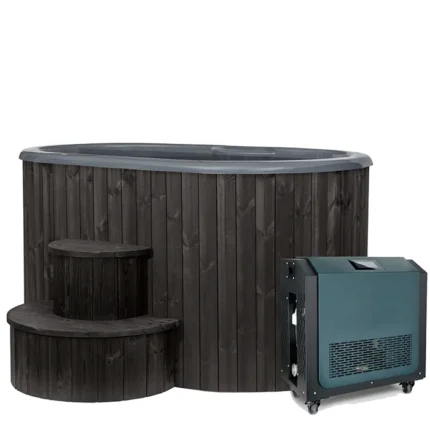 Front view of the SaunaLife S2BC 2 Person Hot and Cold immersion tub in a modern outdoor setting