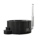 Front view of the SaunaLife S6B Wood Burning Outdoor Hot Tub with black thermo-spruce exterior in a backyard setting