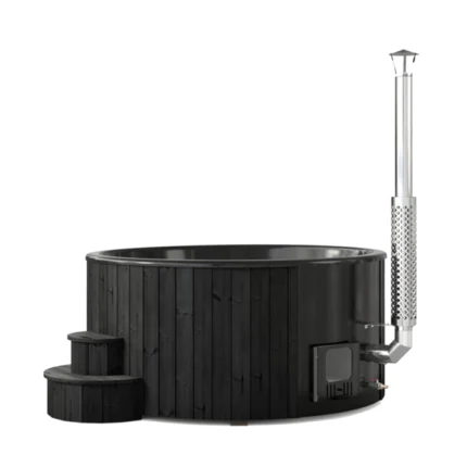 Front view of the SaunaLife S6B Wood Burning Outdoor Hot Tub with black thermo-spruce exterior in a backyard setting